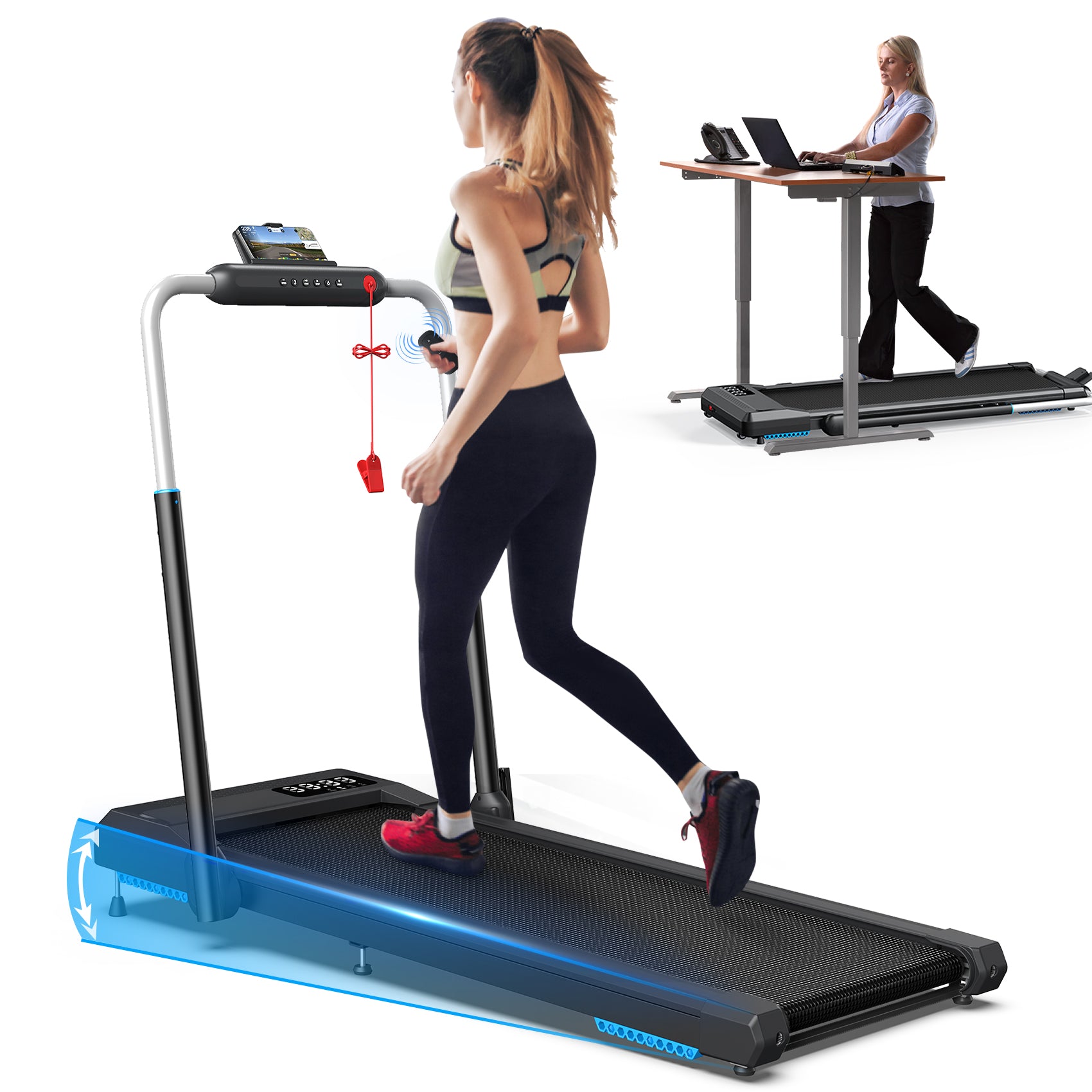 WELLFIT Folding Treadmills 10% Incline, 360lbs Capacity Under Desk Walking Pad, Treadmill for Home Office with Handle Bar, 4 in 1 Smart Treadmill Work with KINOMAP No Assembly Easy Move Upright Place