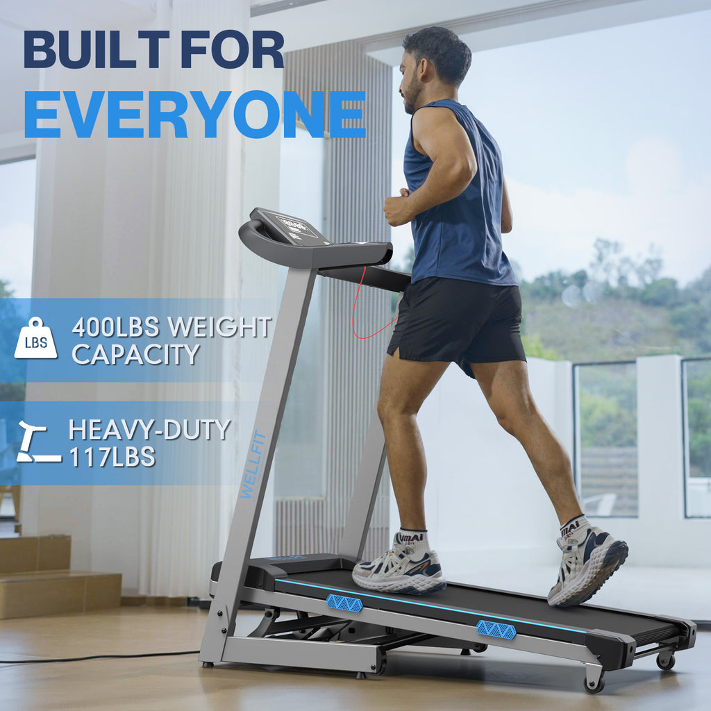 WELLFIT Home Treadmill with 15% Auto Incline,4.0HP Foldable Treadmill with 400LBS Weight Capacity, 1.0-8.7MPH, 18 * 43" Large Running Belt, 45dB Motorized Treadmill Cardio Training, 95% Pre-Installed