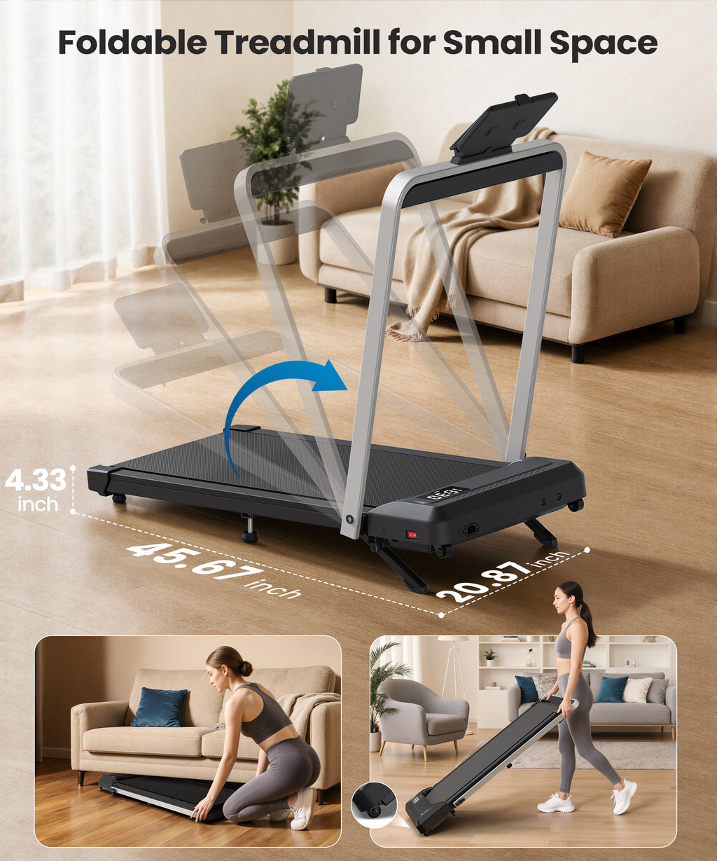 WELLFIT Walking Pad with Handle Bar, 10% Incline Treadmill for Home 320lbs Weight Capacity, Foldable Small Treadmill for Small Space, 3.0HP 0.6-6.2MPH 36"x16" Running Area, Easy to Move, Upright Place