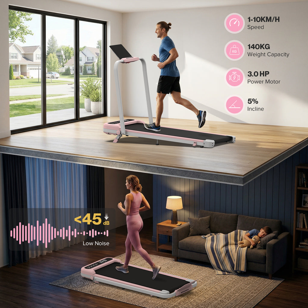 WELLFIT 3 in 1 Foldable Walking Pad, Under Desk Treadmill with APP, Portable Pink Treadmills for Home, Walking Pad Treadmill with Safety Handle Bar, 140 KG Capacity, Console and Mute Remote Control