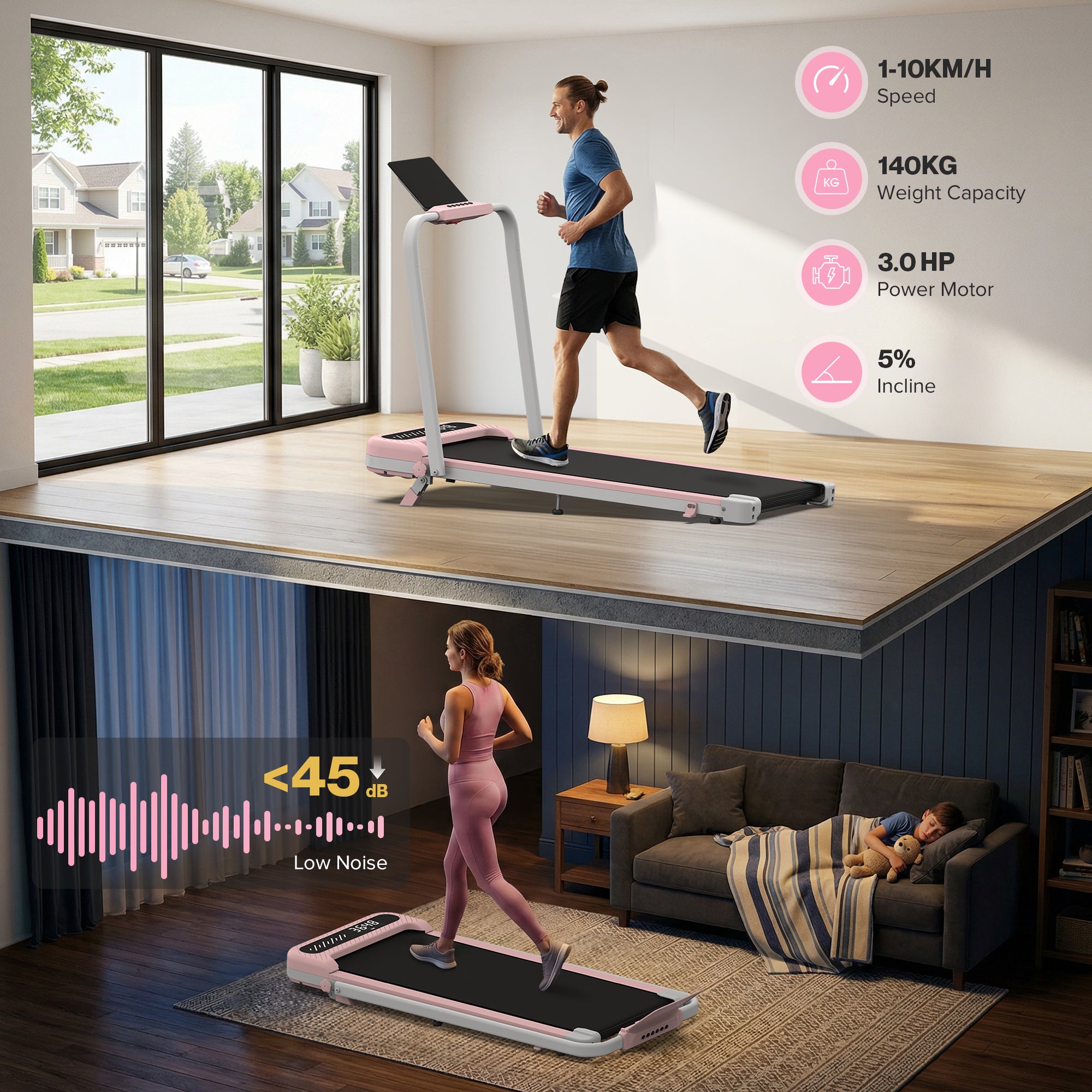 WELLFIT 3 in 1 Foldable Walking Pad, Under Desk Treadmill with APP, Portable Pink Treadmills for Home, Walking Pad Treadmill with Safety Handle Bar, 140 KG Capacity, Console and Mute Remote Control