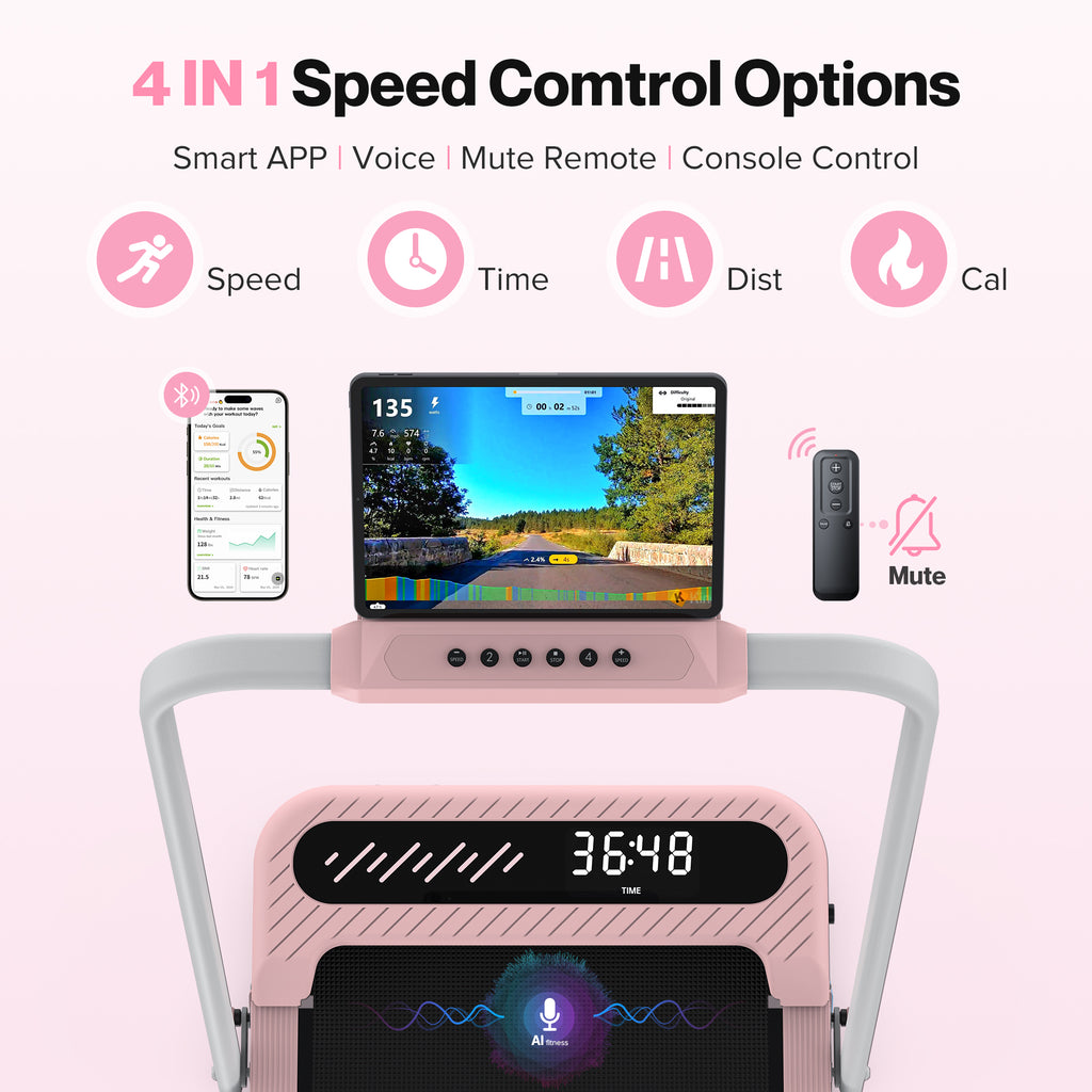 WELLFIT 3 in 1 Foldable Walking Pad, Under Desk Treadmill with APP, Portable Pink Treadmills for Home, Walking Pad Treadmill with Safety Handle Bar, 140 KG Capacity, Console and Mute Remote Control