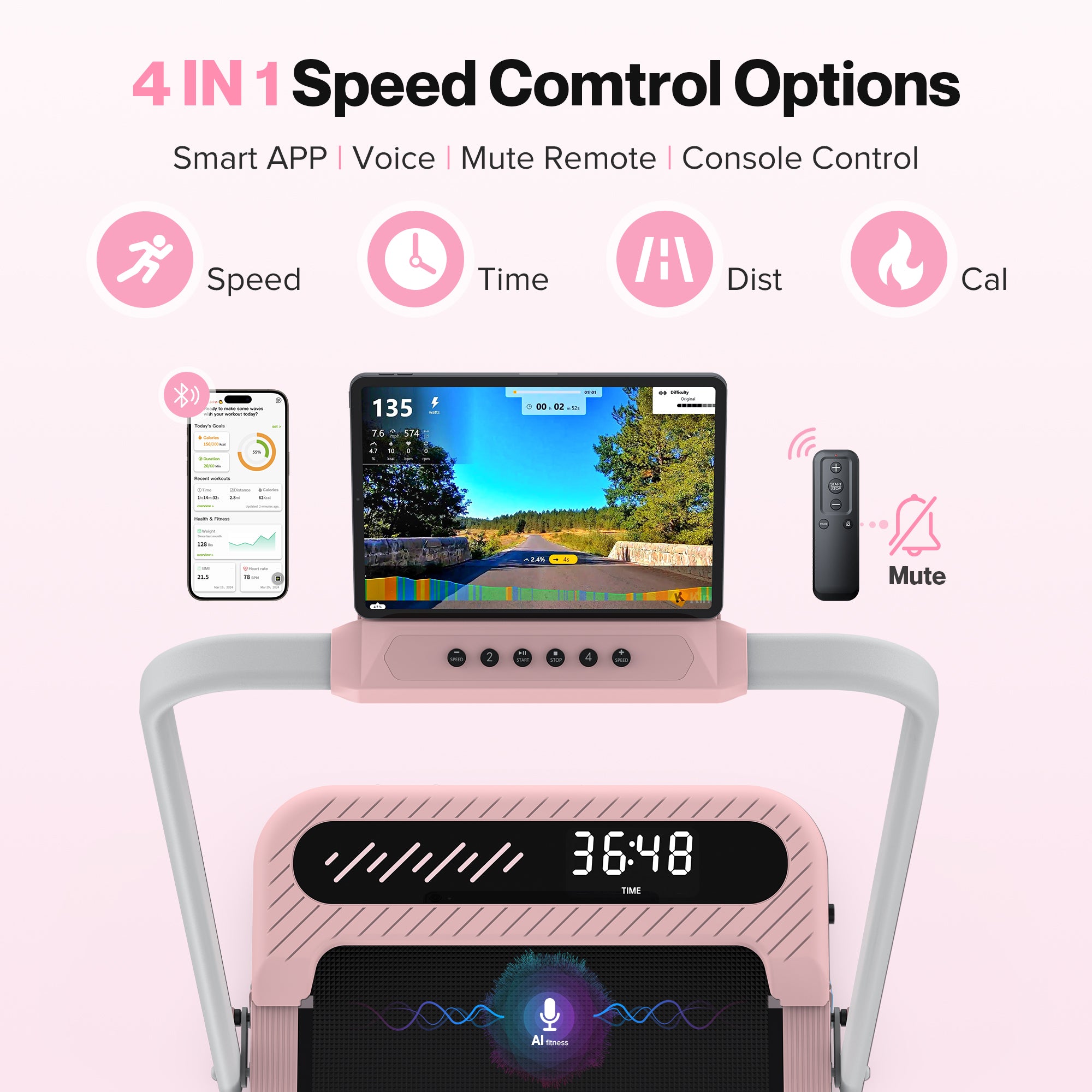 WELLFIT 3 in 1 Foldable Walking Pad, Under Desk Treadmill with APP, Portable Pink Treadmills for Home, Walking Pad Treadmill with Safety Handle Bar, 140 KG Capacity, Console and Mute Remote Control