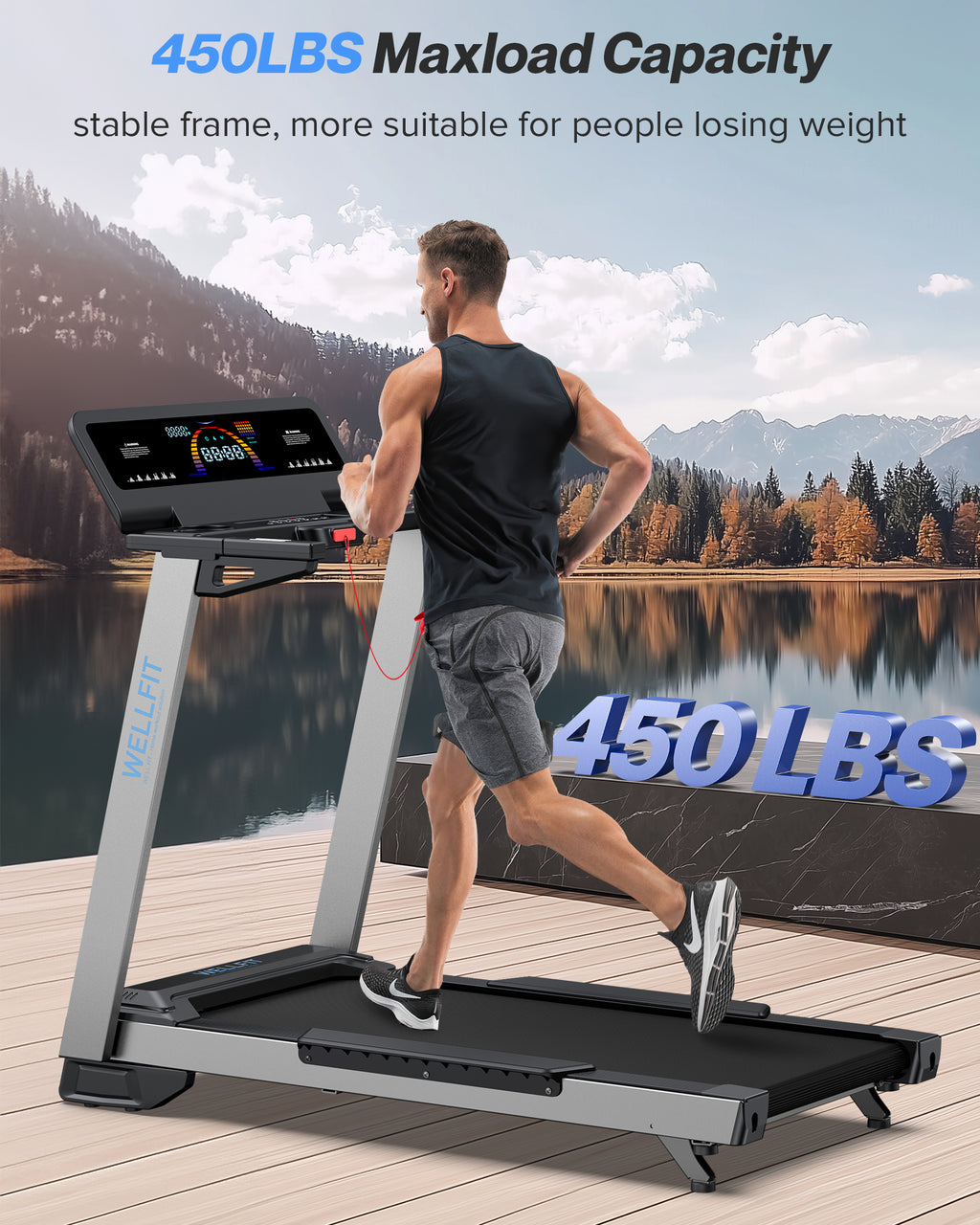 WELLFIT Treadmill for Home, 2 Level Incline Heavy Duty Treadmills 450 lbs Capacity, 4.0 HP, 10 MPH, 20" x 45" Wide Belt Treadmill with Pulse Sensor, Bluetooth Player & Large LED Display