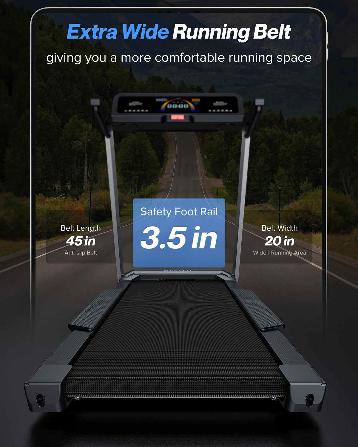 WELLFIT Treadmill for Home, 2 Level Incline Heavy Duty Treadmills 450 lbs Capacity, 4.0 HP, 10 MPH, 20" x 45" Wide Belt Treadmill with Pulse Sensor, Bluetooth Player & Large LED Display