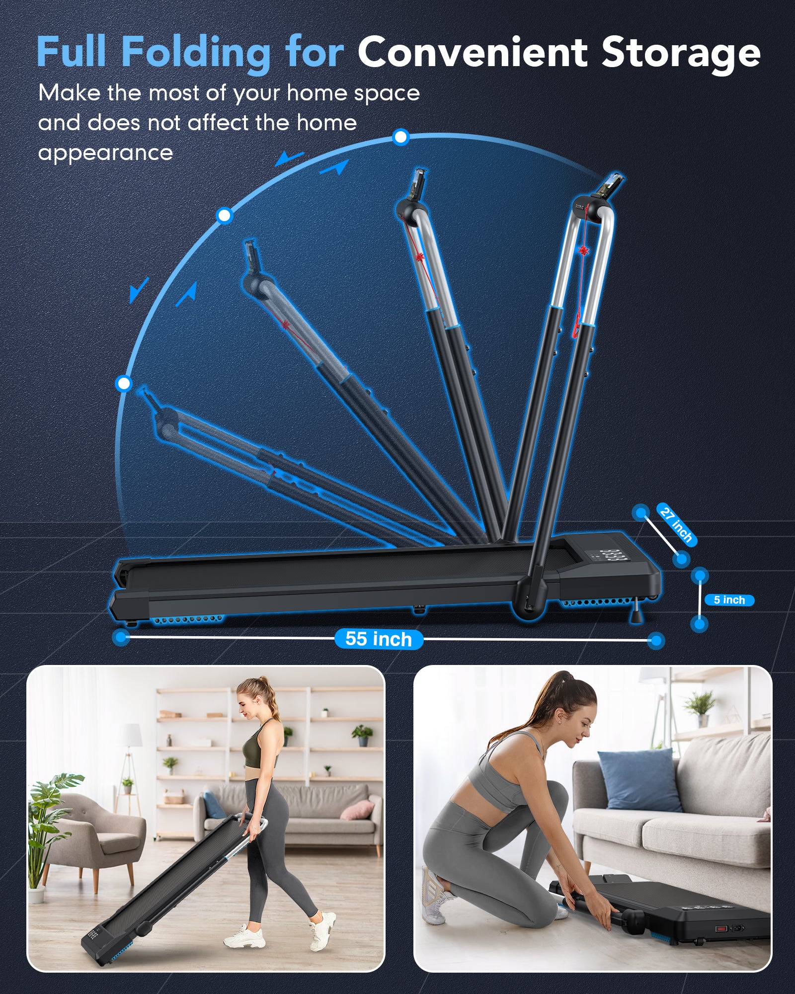 WELLFIT Folding Treadmills 10% Incline, 360lbs Capacity Under Desk Walking Pad, Treadmill for Home Office with Handle Bar, 4 in 1 Smart Treadmill Work with KINOMAP No Assembly Easy Move Upright Place