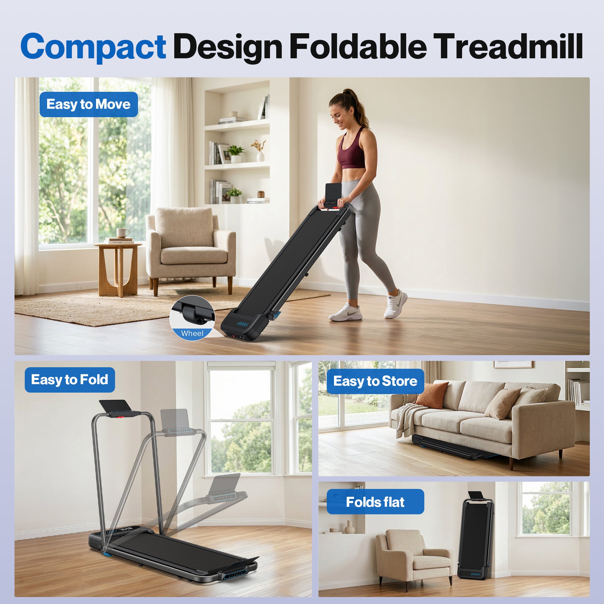 WELLFIT Walking Pad Treadmill with Incline, Foldable Treadmill for Home, Compact Under Desk Treadmill for Home Office, Quiet Running Machine for Exercise