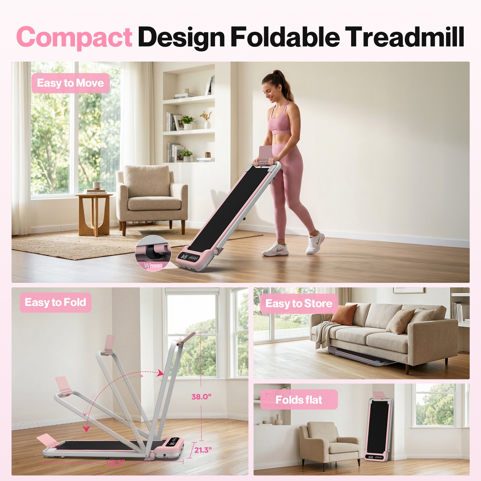 WELLFIT 3 in 1 Foldable Walking Pad, Under Desk Treadmill with APP, Portable Pink Treadmills for Home, Walking Pad Treadmill with Safety Handle Bar, 140 KG Capacity, Console and Mute Remote Control