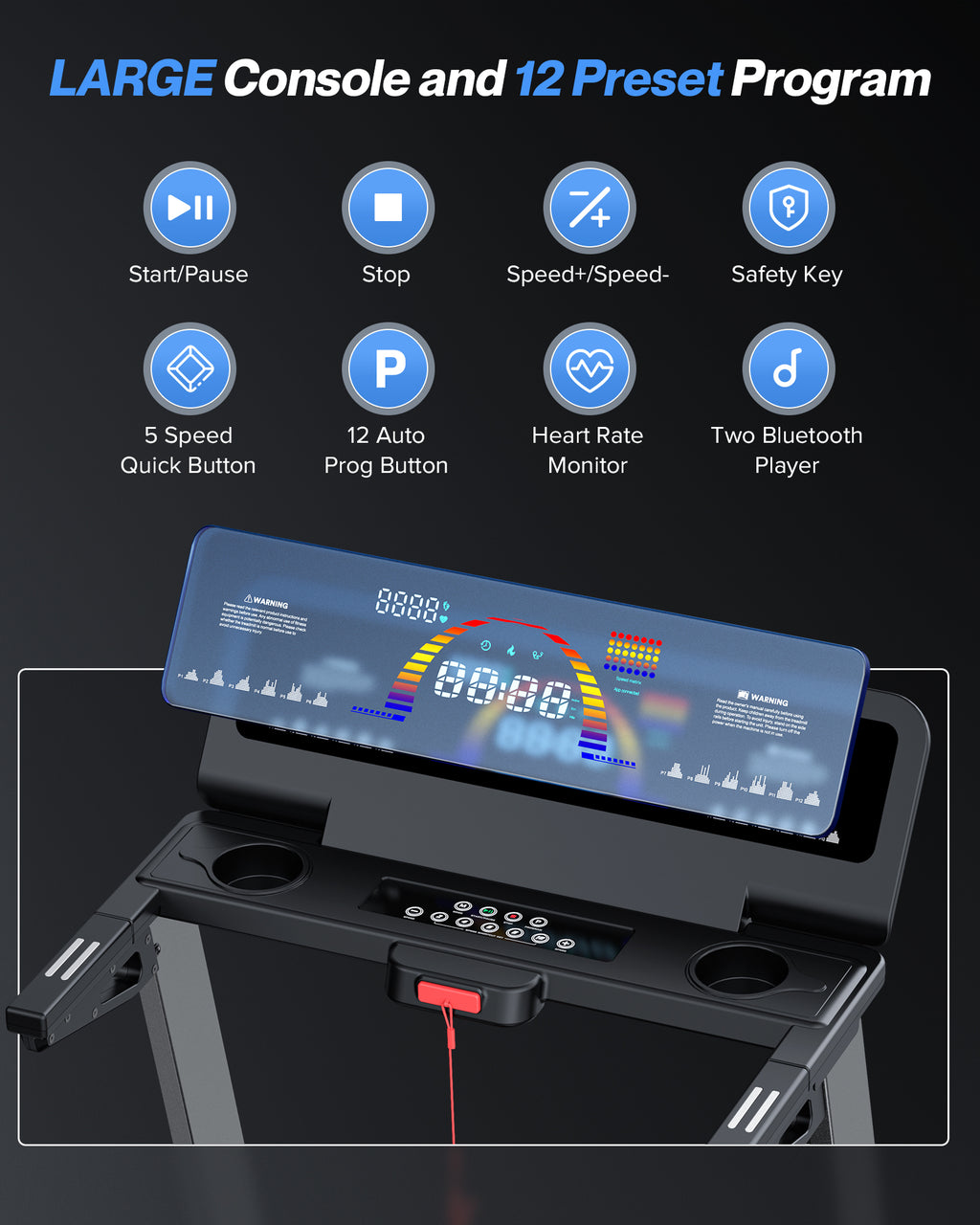 WELLFIT Treadmill for Home, 2 Level Incline Heavy Duty Treadmills 450 lbs Capacity, 4.0 HP, 10 MPH, 20" x 45" Wide Belt Treadmill with Pulse Sensor, Bluetooth Player & Large LED Display