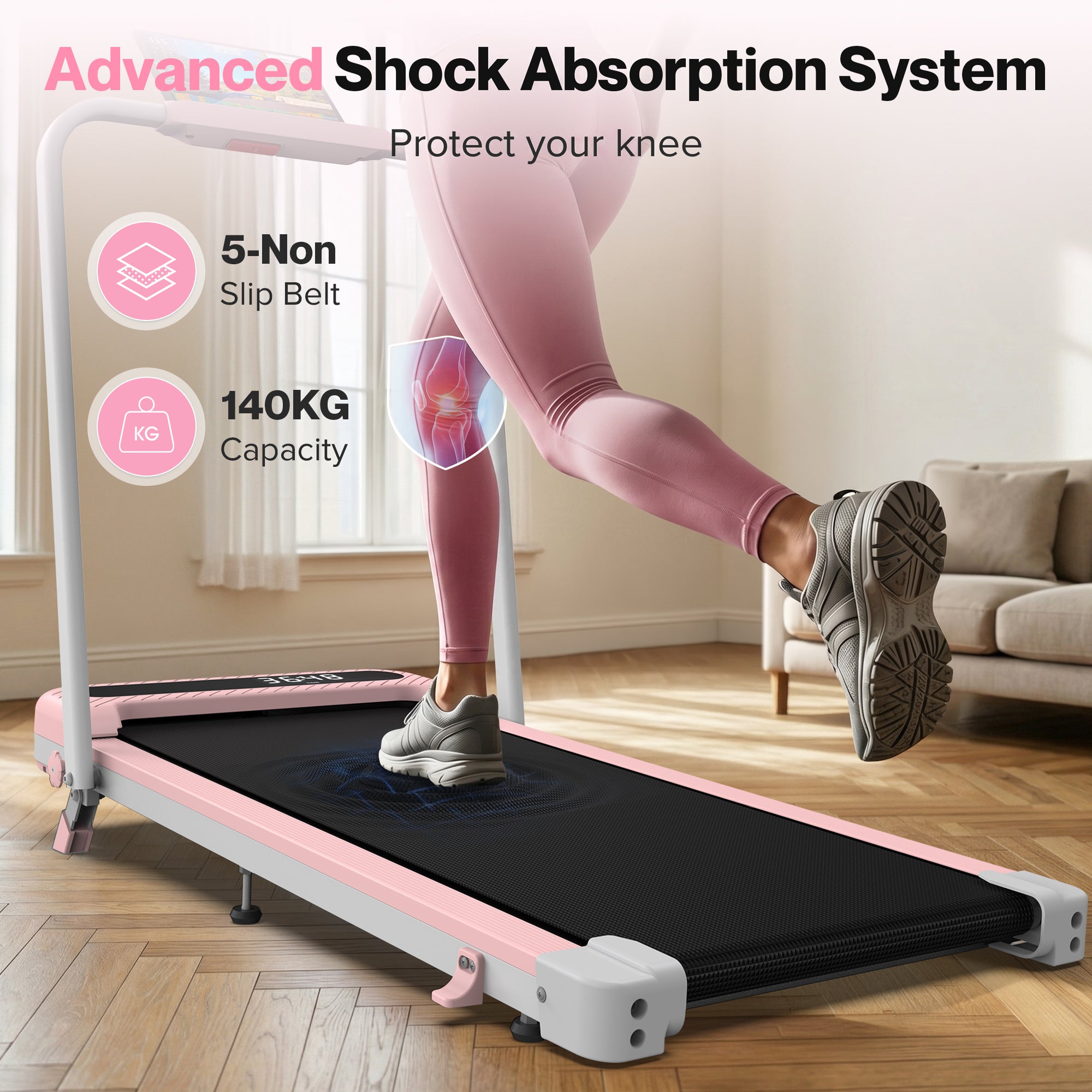 WELLFIT 3 in 1 Foldable Walking Pad, Under Desk Treadmill with APP, Portable Pink Treadmills for Home, Walking Pad Treadmill with Safety Handle Bar, 140 KG Capacity, Console and Mute Remote Control