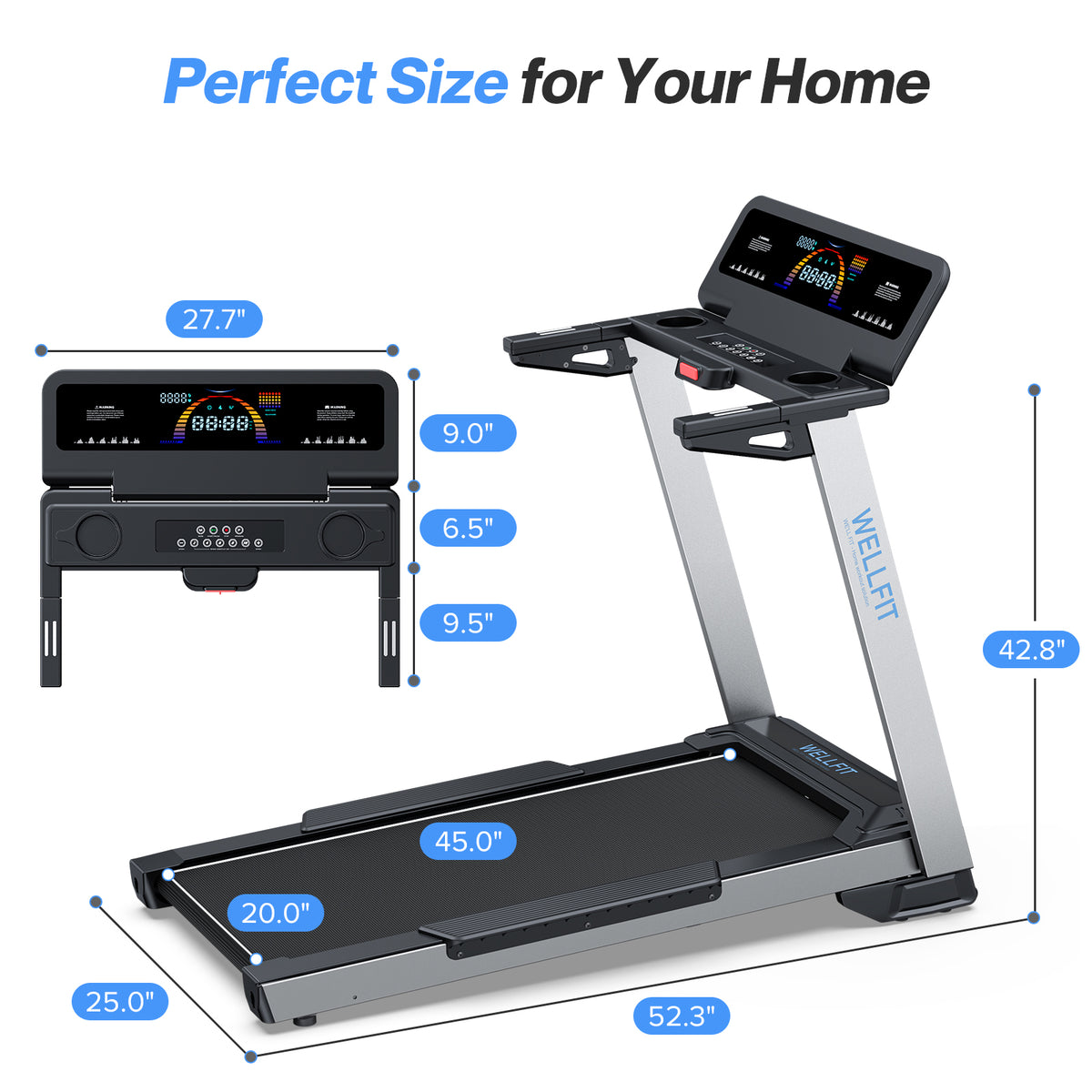 WELLFIT Treadmill for Home, 2 Level Incline Heavy Duty Treadmills 450 lbs Capacity, 4.0 HP, 10 MPH, 20" x 45" Wide Belt Treadmill with Pulse Sensor, Bluetooth Player & Large LED Display
