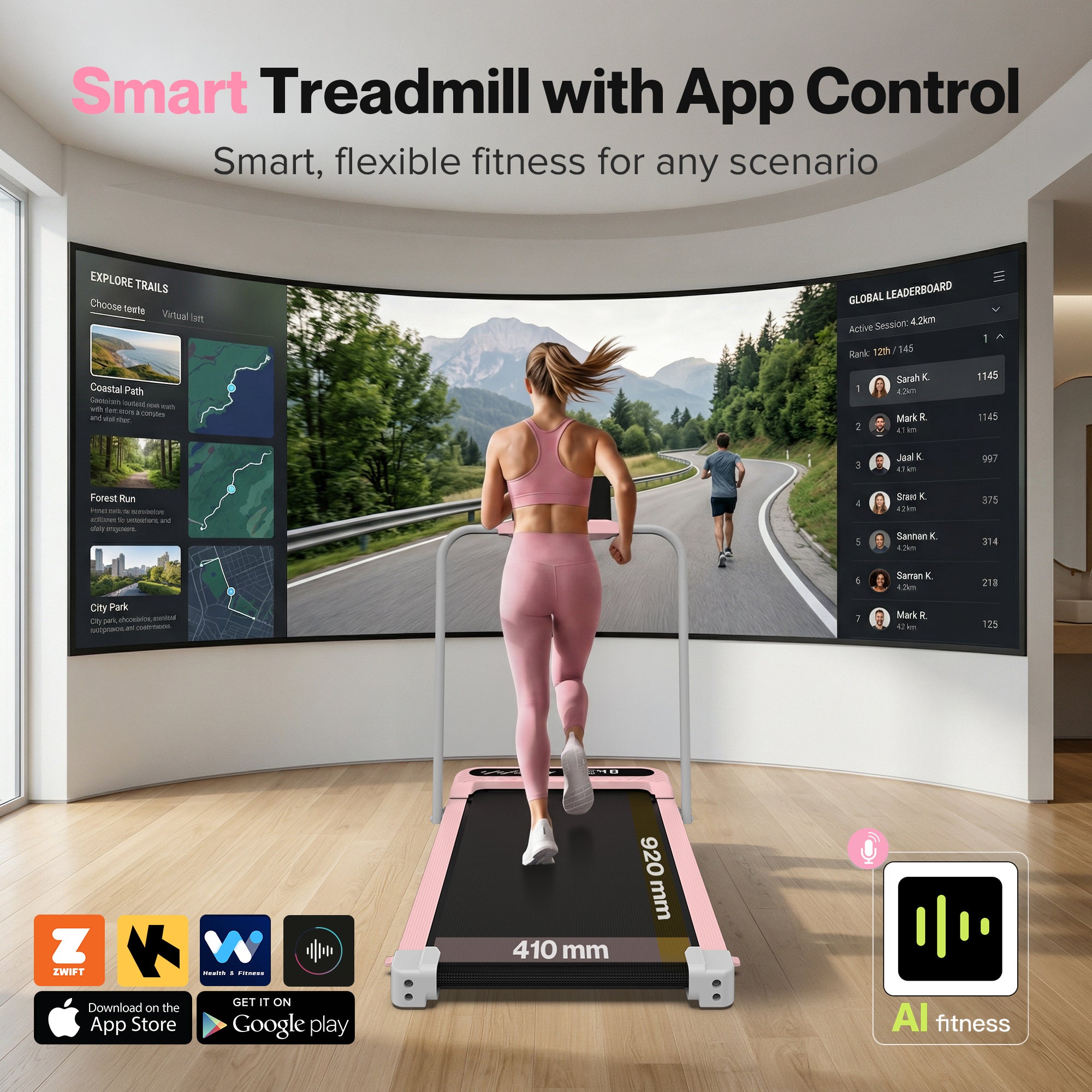 WELLFIT 3 in 1 Foldable Walking Pad, Under Desk Treadmill with APP, Portable Pink Treadmills for Home, Walking Pad Treadmill with Safety Handle Bar, 140 KG Capacity, Console and Mute Remote Control