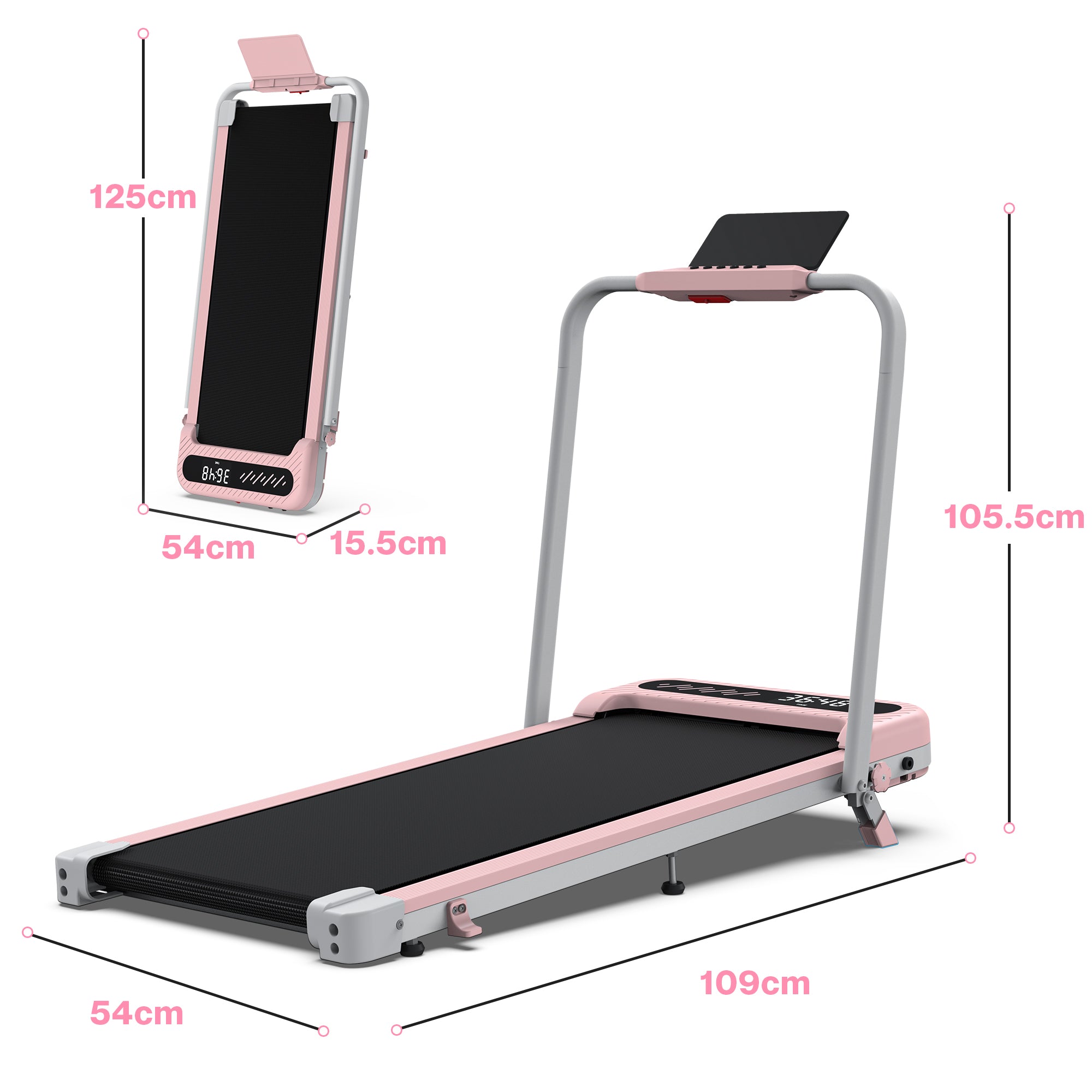 WELLFIT 3 in 1 Foldable Walking Pad, Under Desk Treadmill with APP, Portable Pink Treadmills for Home, Walking Pad Treadmill with Safety Handle Bar, 140 KG Capacity, Console and Mute Remote Control