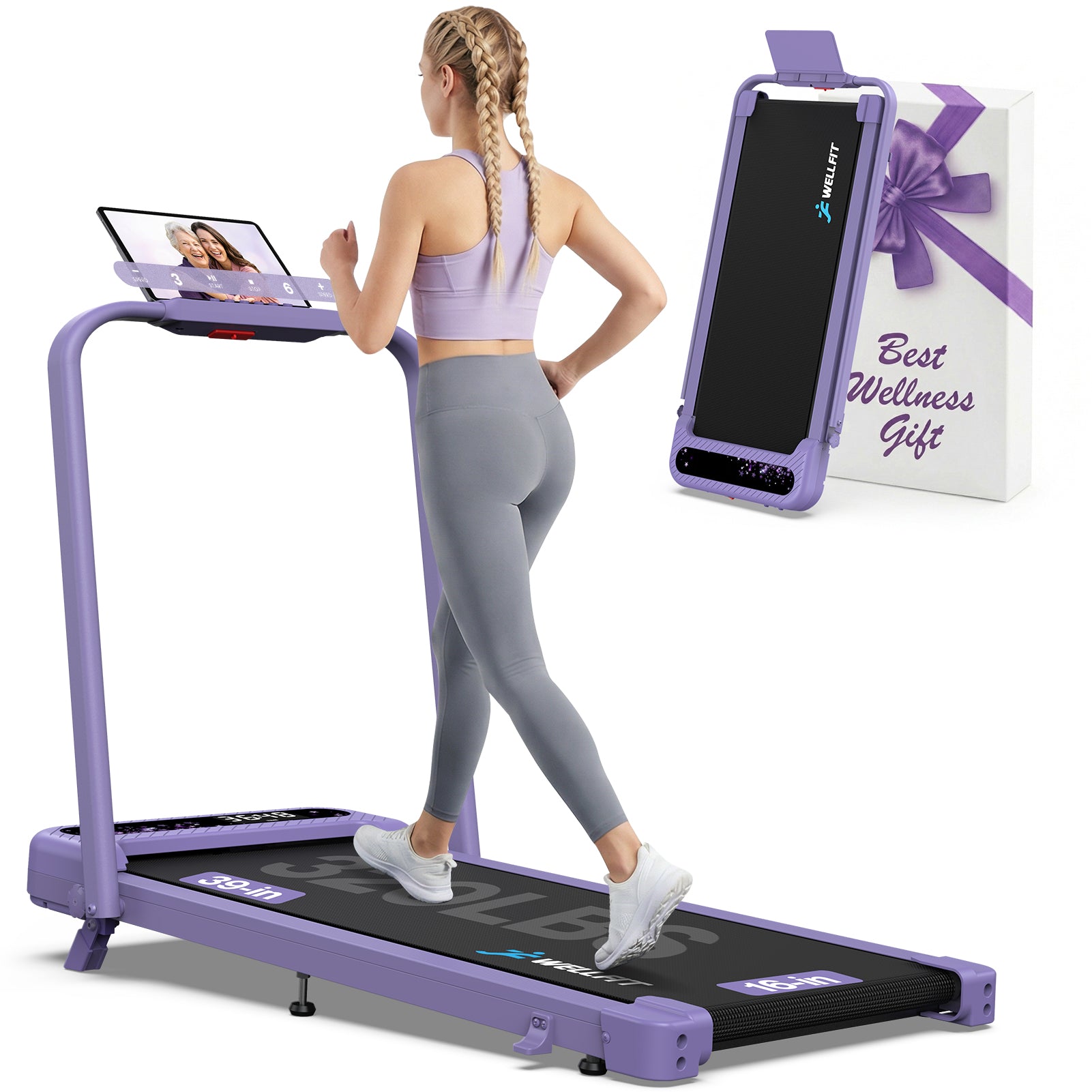 WELLFIT Folding Treadmill with Handlebar, 320 LBS Incline Walking Pad, Quiet Under Desk Treadmill for Home Office, APP & Voice Control, No Assembly Compact Foldable Treadmills, Purple Gift for Women