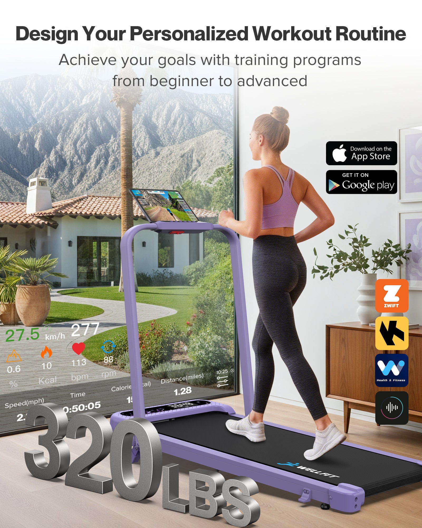 WELLFIT Folding Treadmill with Handlebar, 320 LBS Incline Walking Pad, Quiet Under Desk Treadmill for Home Office, APP & Voice Control, No Assembly Compact Foldable Treadmills, Purple Gift for Women