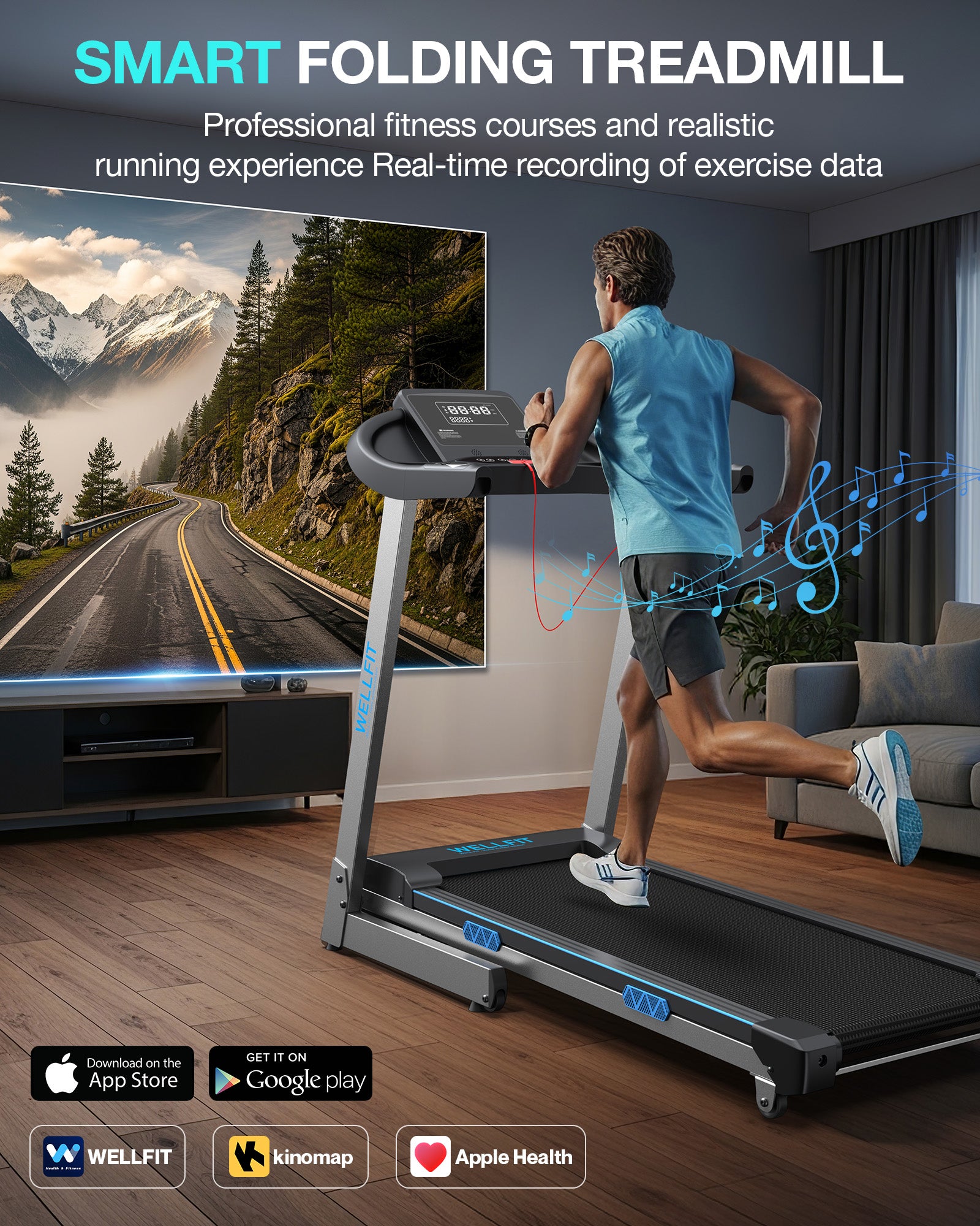 WELLFIT Treadmill with 15% Auto Incline, 400lbs Treadmills with Handlebar for Home, Voice Control Mute Remote, Under Desk Treadmill for Home Small Office, Walking Pads Work with KINOMAP Apple Health