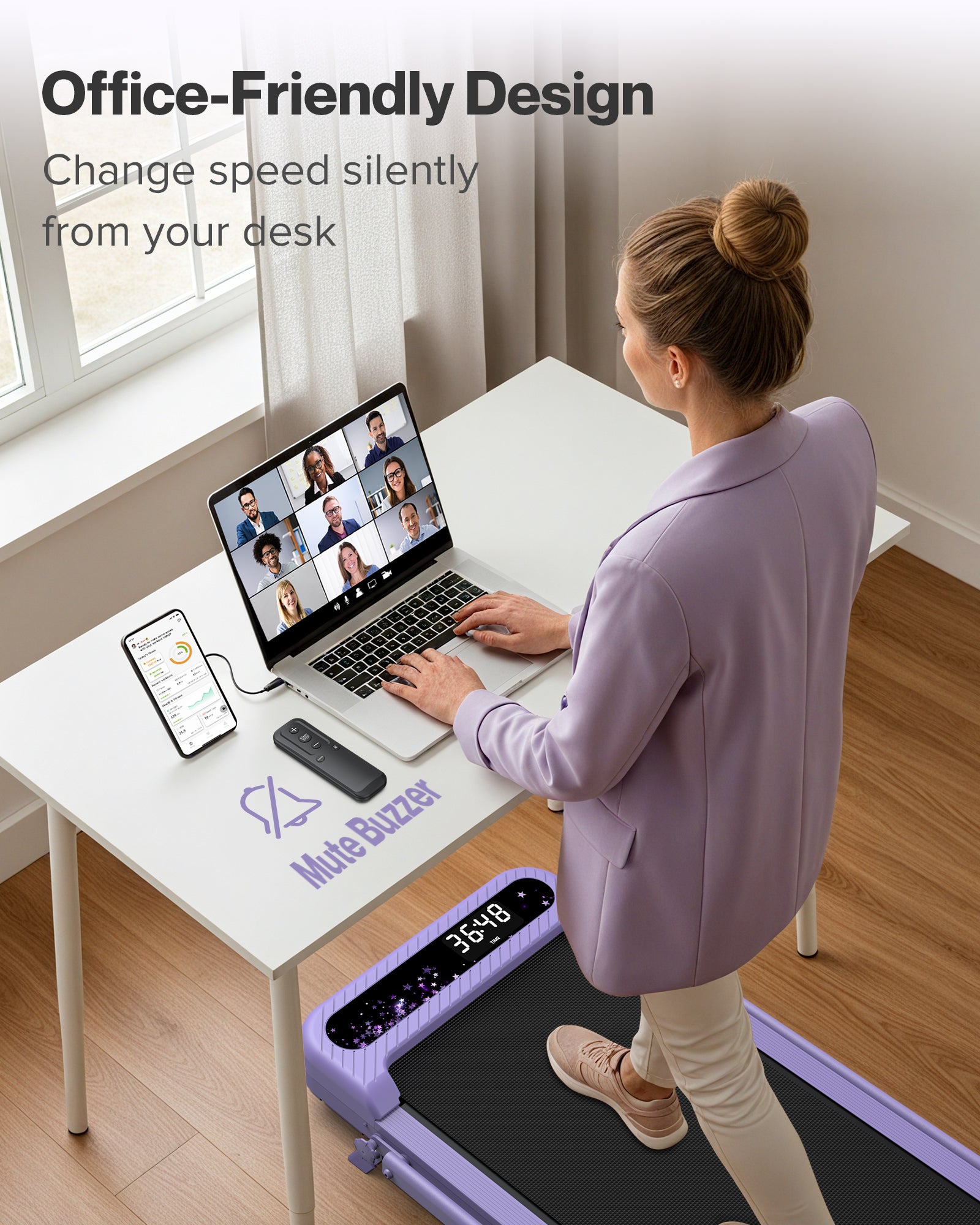 WELLFIT Folding Treadmill with Handlebar, 320 LBS Incline Walking Pad, Quiet Under Desk Treadmill for Home Office, APP & Voice Control, No Assembly Compact Foldable Treadmills, Purple Gift for Women