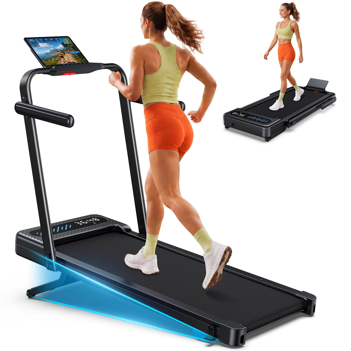 WELLFIT Walking Pad with 12% Auto Incline & Handle Bar, Foldable Treadmill, 375+ LBS Capacity, 40" x 16" Wide Belt, Max 7.6 MPH, 3.5HP Quiet Under Desk Treadmills for Home Office with APP, Remote & LED