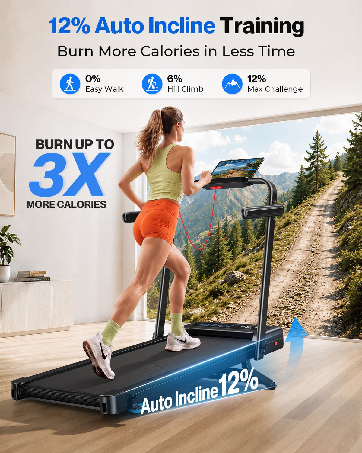 WELLFIT Walking Pad with 12% Auto Incline & Handle Bar, Foldable Treadmill, 375+ LBS Capacity, 40" x 16" Wide Belt, Max 7.6 MPH, 3.5HP Quiet Under Desk Treadmills for Home Office with APP, Remote & LED