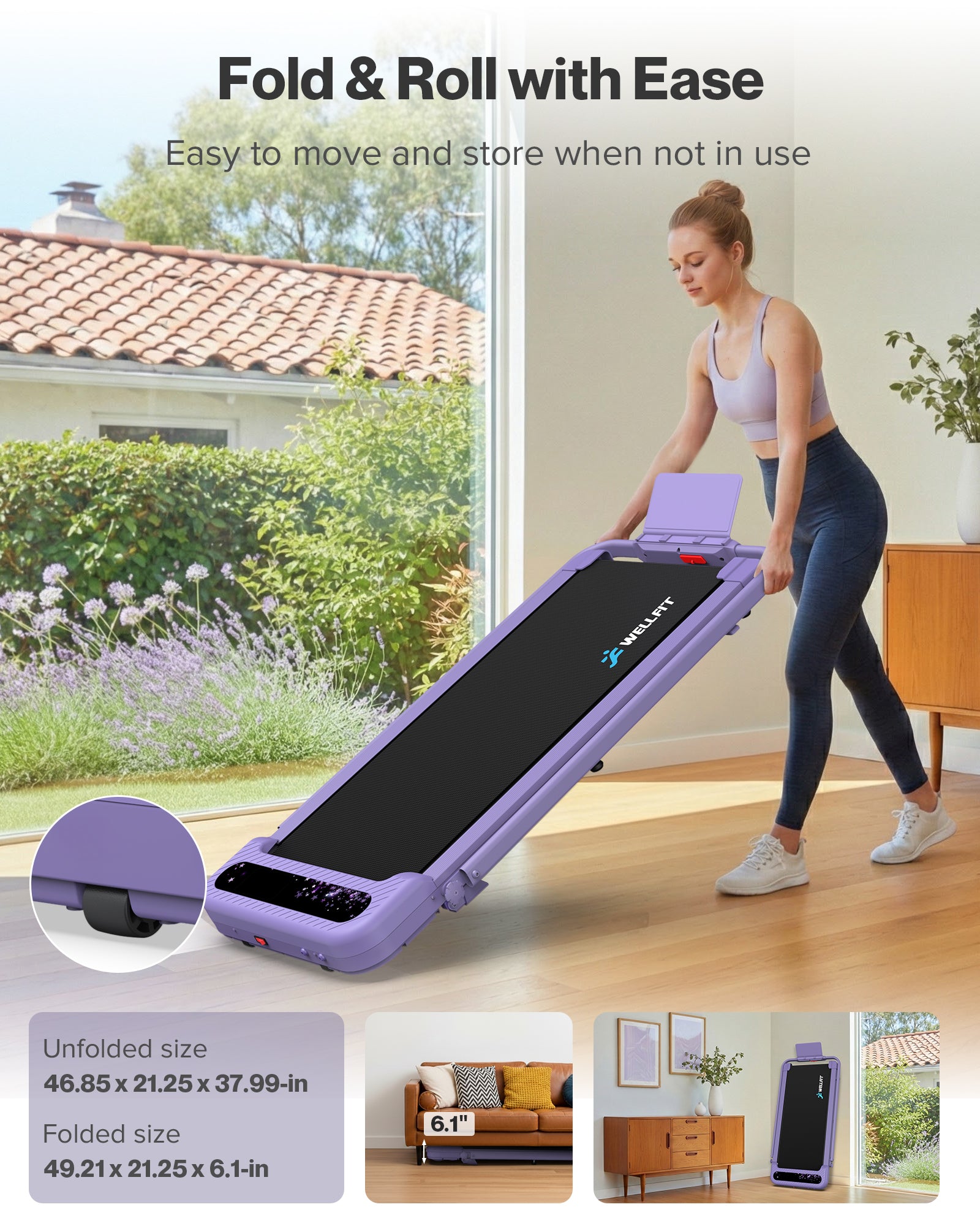 WELLFIT Folding Treadmill with Handlebar, 320 LBS Incline Walking Pad, Quiet Under Desk Treadmill for Home Office, APP & Voice Control, No Assembly Compact Foldable Treadmills, Purple Gift for Women
