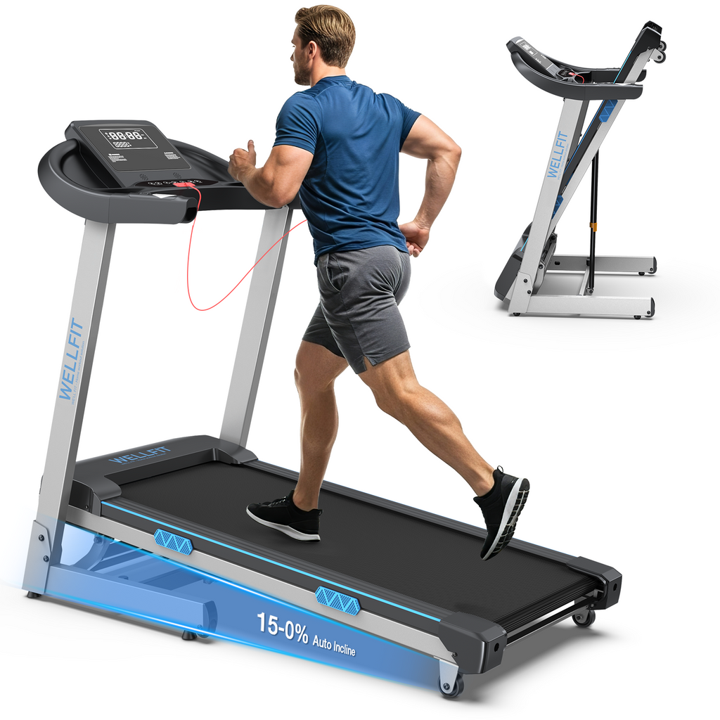WELLFIT Auto Incline Folding Treadmill - 10% Incline Desk Walking Pad Treadmill with Handlebar, 400 lbs Heavy-Duty Capacity, Space-Saving Quiet Under-Desk Design for Home Office, Seniors & Fitness