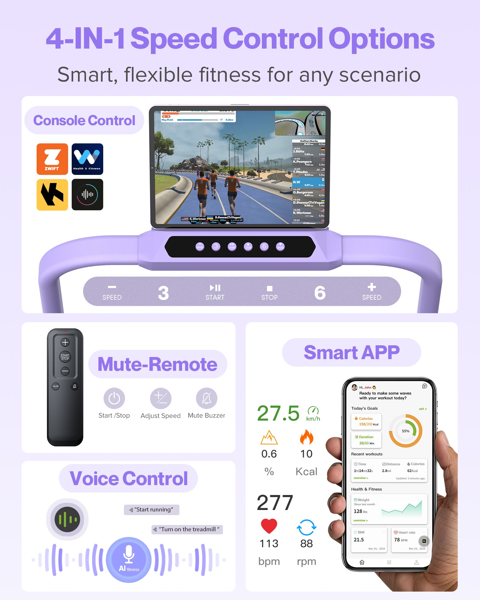 WELLFIT Folding Treadmill with Handlebar, 320 LBS Incline Walking Pad, Quiet Under Desk Treadmill for Home Office, APP & Voice Control, No Assembly Compact Foldable Treadmills, Purple Gift for Women