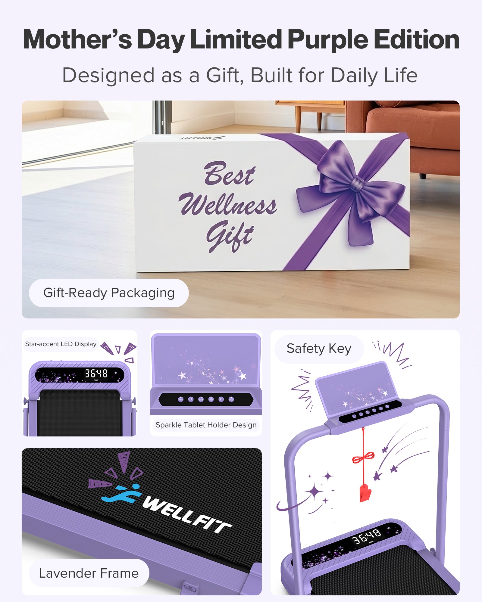 WELLFIT Folding Treadmill with Handlebar, 320 LBS Incline Walking Pad, Quiet Under Desk Treadmill for Home Office, APP & Voice Control, No Assembly Compact Foldable Treadmills, Purple Gift for Women