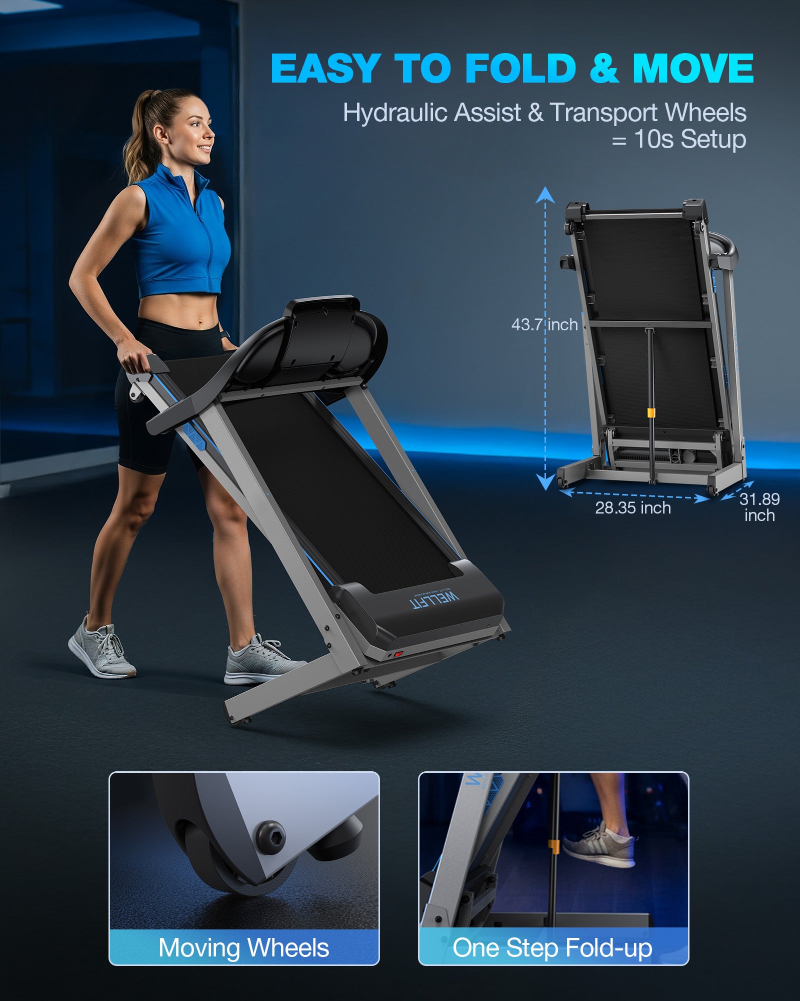 WELLFIT Auto Incline Folding Treadmill - 10% Incline Desk Walking Pad Treadmill with Handlebar, 400 lbs Heavy-Duty Capacity, Space-Saving Quiet Under-Desk Design for Home Office, Seniors & Fitness