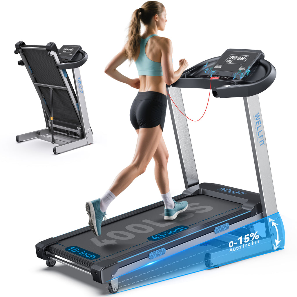 WELLFIT Treadmill with 15% Auto Incline, 400lbs Treadmills with Handlebar for Home, Voice Control Mute Remote, Under Desk Treadmill for Home Small Office, Walking Pads Work with KINOMAP Apple Health
